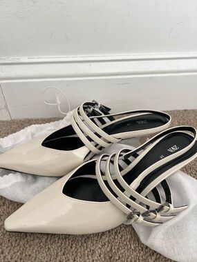 Zara Cream Patent Pointed Mules with Triple Straps